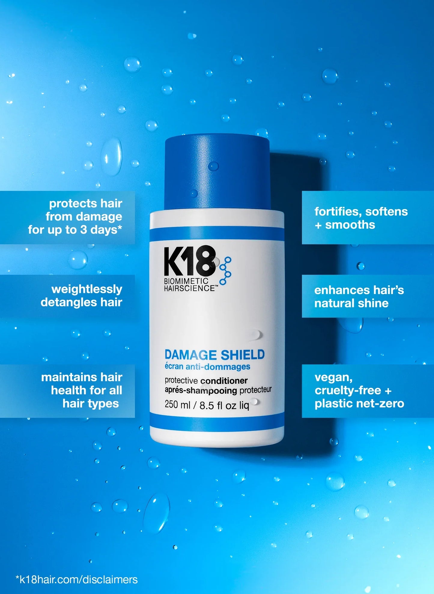 K18 DAMAGE SHIELD pH beschermende shampoo van Kaat Schrauwen, zichtbaar in een fles met conditioner en voordelen op de achtergrond