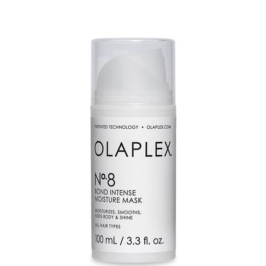 Kaat Schrauwen Olaplex No.8 masker in een pot, zichtbaar open met smeerbare haarverzorgingsproduct en glanzende, gezonde haartextuur